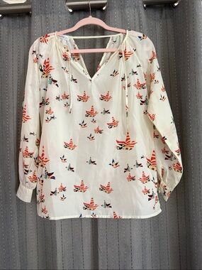 Singwing Bird Print Peasant Blouse Women’s Large Boho Long Sleeve Ivory